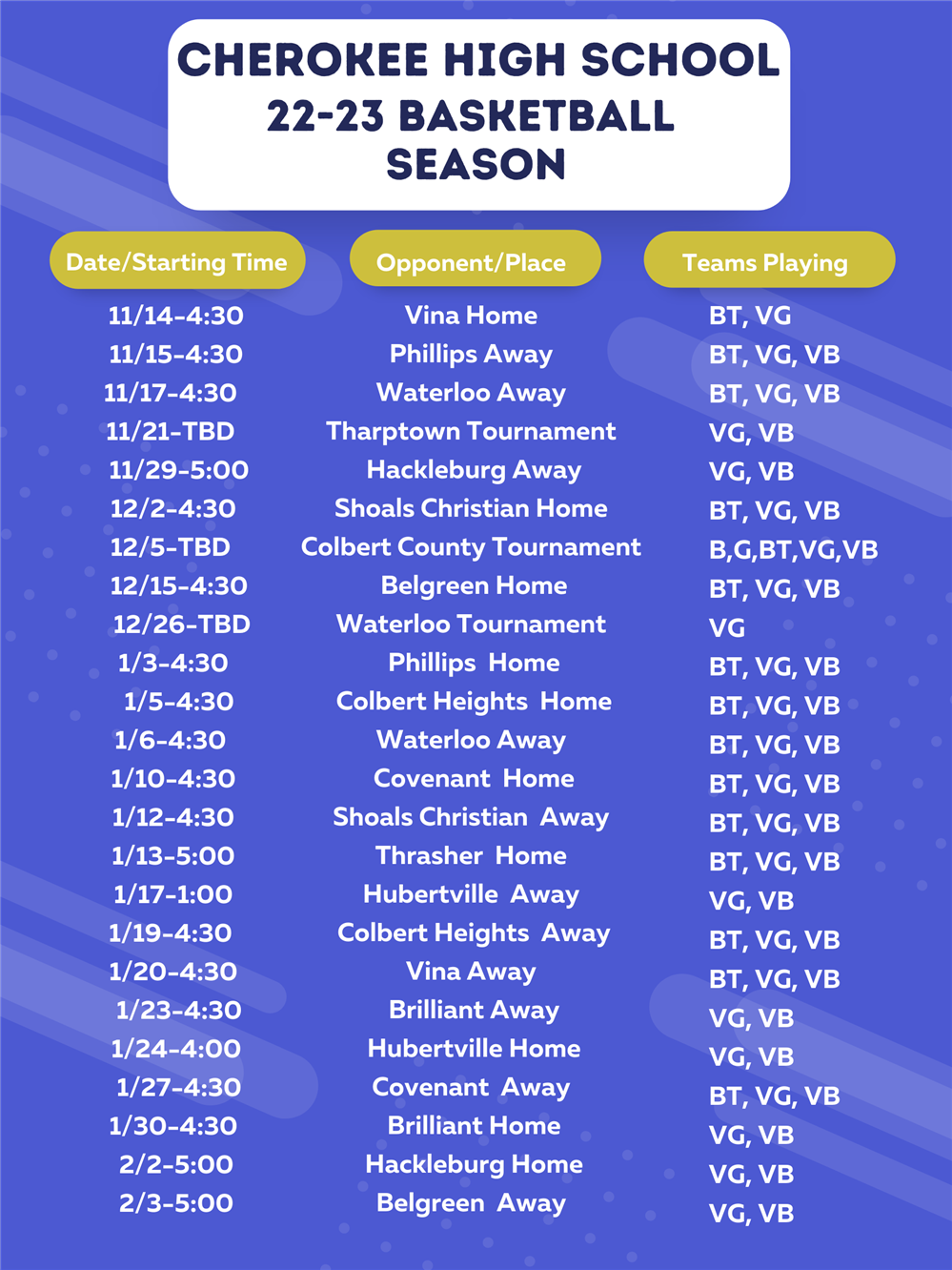 2022 Basketball Schedule